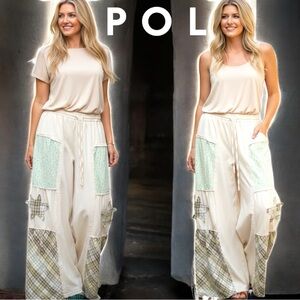 POL Drawstring Cream Star Patch Contrast Wide Leg Palazzo Pants Size Medium NEW